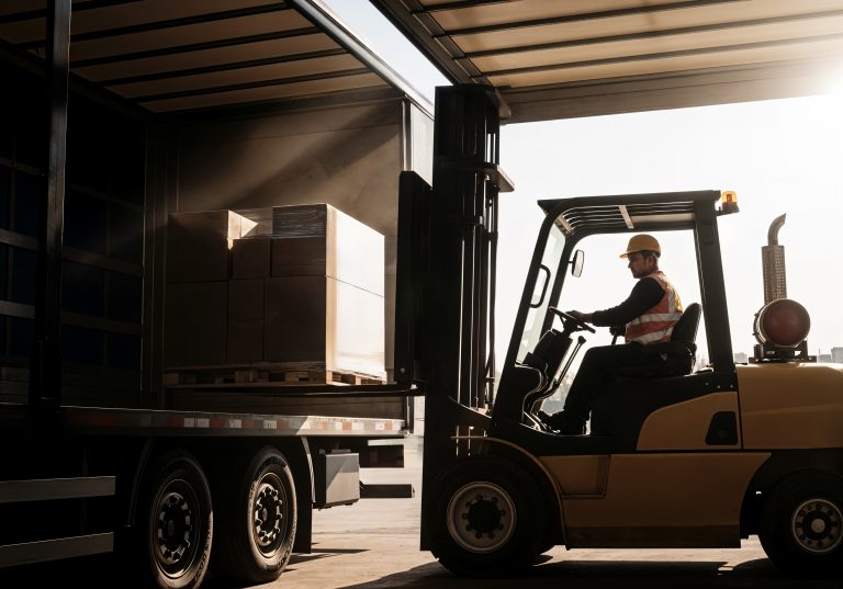 forklift operator loading boxes onto semi truck Shipping forklift operator loading boxes onto semi truck Shipping